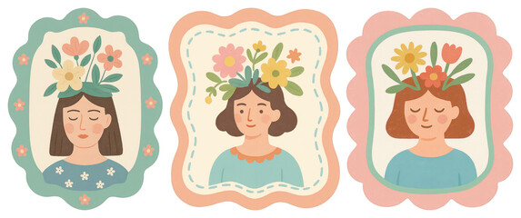PNG Whimsical floral portrait illustrations, element set on transparent background