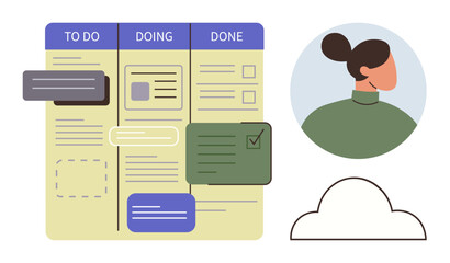 Board with To Do, Doing, Done columns, task cards, profile avatar, and cloud icon. Ideal for productivity, work planning, teamwork collaboration goal tracking remote work simple flat metaphor © robu_s