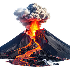 Active volcano erupting, spewing lava and ash against a black background