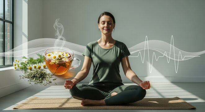 Meditation and chamomile for mind balance in a scene merging physical relaxation with the serenity of theta brain waves