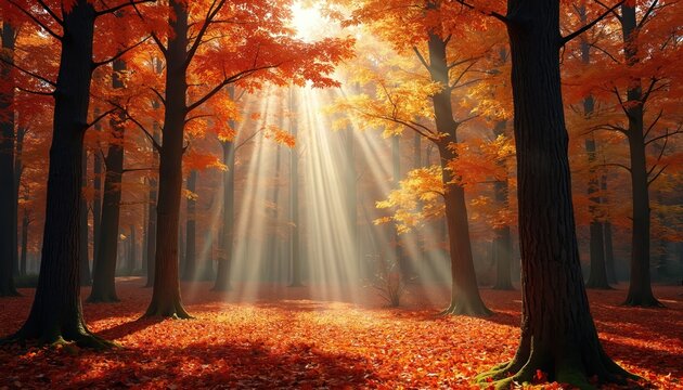 Autumn forest scene with sunbeams filtering through colorful trees onto carpet of fallen leaves. Tall trees stand in vibrant display of orange, yellow, red foliage creating peaceful natural setting.