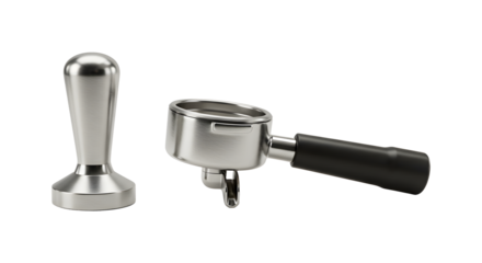 Stainless steel espresso machine portafilter and tamper. A perfect image for coffee lovers and café owners.