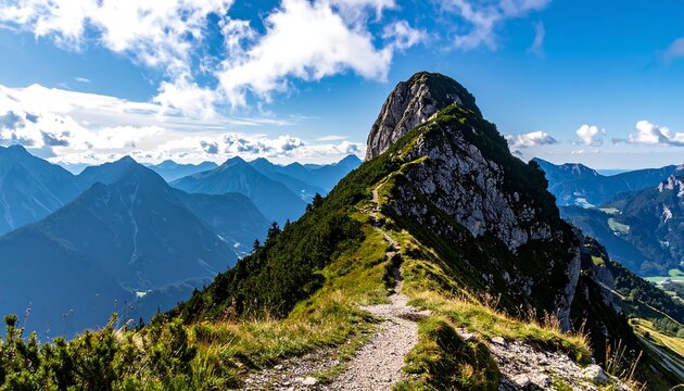 Mountain peak, trail winding up