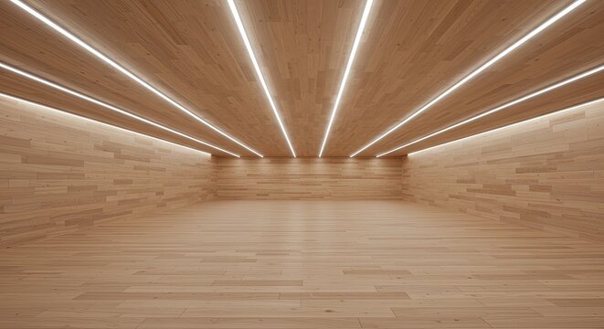 Modern interior design with wood paneling and linear led strip lighting - Powered by Adobe
