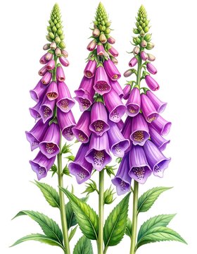 Three vibrant foxglove flowers in shades of purple and pink, detailed illustration