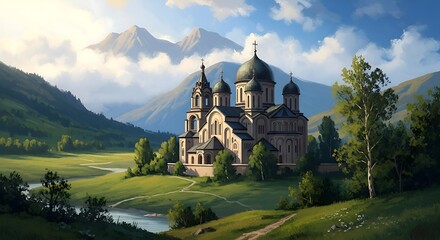 Orthodox Church Amidst Mountainous Landscape - A Serene and Spiritual Vista.