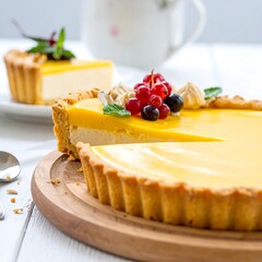 Mango-flavored cheesecake tart with berries and meringue
