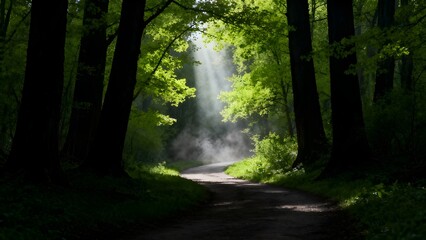 Obraz premium A sunlit, misty forest path bordered by dark tree trunks and vibrant green foliage.