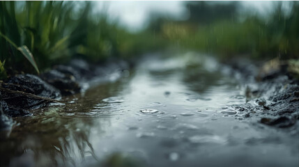 Reflection of a cloudy sky on a puddle, with blurred grass in the background