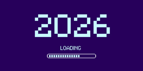 2026 loading screen: futuristic digital countdown pixel design in blue and purple