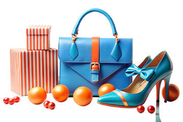 Celebrating in style with a luxury collection of blue fashion accessories, a high heel shoe, and festive gift boxes for a special occasion