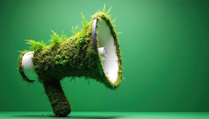 Megaphone covered in moss and green plants. Symbol of eco friendly communication and nature preservation. Promoting green message. Eco advocacy concept.