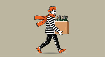 Charming illustration of French delivery person joyfully carrying wine in Paris, ideal for travel blogs, food promotions, or cultural event advertising