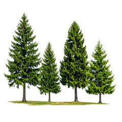 Fototapeta premium Four tall, vibrant green evergreen trees on a patch of grass, isolated on black