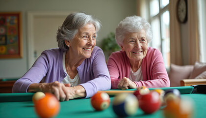Two elderly women play pool together indoors. They smile and laugh while enjoying their game and each others company. Senior friends having fun at home.