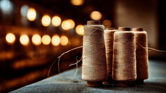 Closeup medium shot of wool yarn spools in focus capturing rich fiber detail against a softly blurred weaving studio backdrop.
