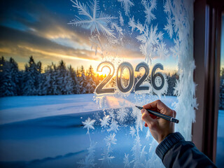 Marking a New Beginning: Hand Writing '2026' on a Frosted Winter Window as a Symbol of New Year Hopes and Future Plans