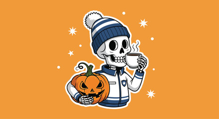 Spooky skeleton enjoying a warm drink and pumpkin vibes, perfect for festive fall designs and Halloween promotions, adding a playful touch to your project
