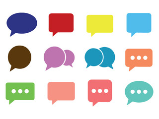Collection of graphic elements featuring speech bubbles and communication icons in vibrant cmyk colors
