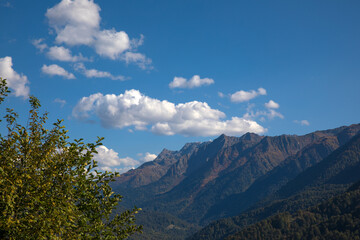 Naklejka premium October 2025, Sochi, Krasnaya Polyana, Russia. Streets and views of the village of Krasnaya Polyana.