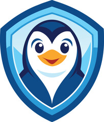 Cute penguin mascot inside a blue shield emblem