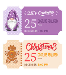 Christmas Holiday Party Ticket Invitation with Gnome and Gingerbread Man