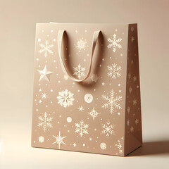 A paper gift bag with minimalist Christmas pattern (stars and snowflakes), isolated on light background, soft shadows, elegant and commercial look