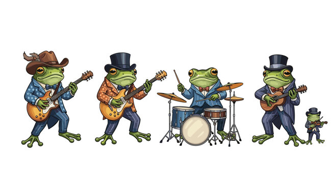 Quirky musical frogs rock out in a fun band illustration, perfect for humorous designs, children's books, or unique party invitations that make you smile