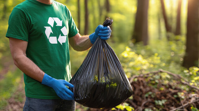 Volunteer in recycling shirt and gloves collects garbage bag in forest, promoting environmental awareness, cleanup action, sustainability and eco-friendly outdoor responsibility.