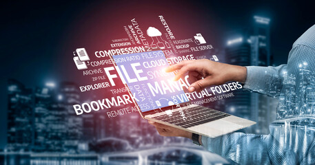 A person interacts with a laptop displaying digital concepts related to file management and organization in a vibrant cityscape, illustrating modern technology use. Tessel