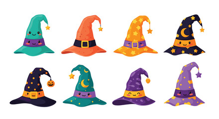 Fototapeta premium Enchanting Halloween vibes with adorable witch hats featuring playful kawaii faces and whimsical designs, perfect for kids' crafts or holiday invitations