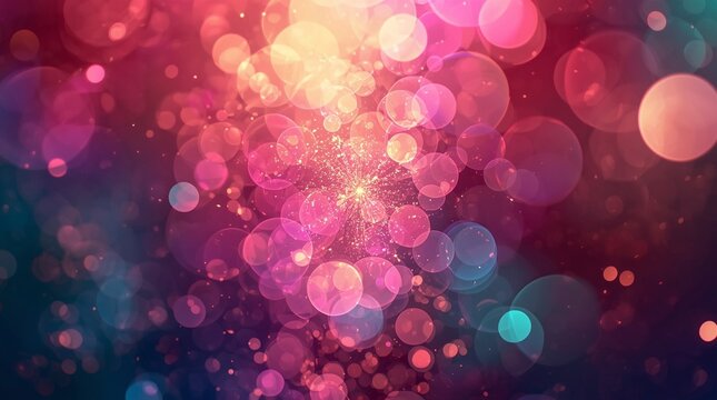 Vibrant abstract bokeh background with glowing colorful circles and golden sparkles in warm pink and purple tones, festive dreamy illumination perfect for celebration design and modern digital art