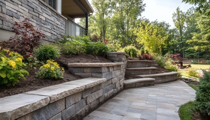 A stone retaining wall with built-in seating and a flagstone path is situated beside a house with lush greenery and flowers.