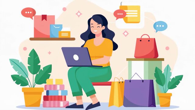 A woman seated on a chair, using a laptop, A woman buys things in an online store, online shopping, Simple and minimalist flat 2d Animation