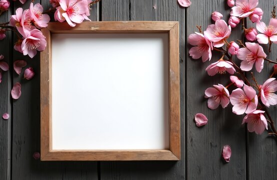 Empty wooden frame with pink blossoms and petals scattered on a dark wooden background. Perfect for spring announcements or personalized greeting cards.