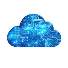 A glowing blue cloud with intricate circuitry over a black background