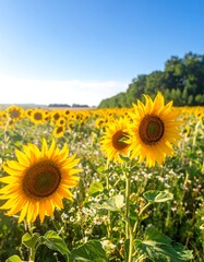 Sunflowers in a field under a bright sky