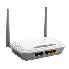 A white/grey rectangular device with two antennas, ports, and indicator lights