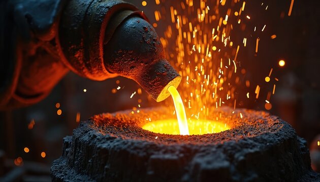 Molten iron pours from nozzle into casting mold. Hot liquid metal glows bright orange. Sparks fly up from furnace during industrial production. Factory workers make new metal parts. Shows heavy