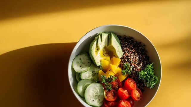 vibrant and clean aesthetic featuring delicious clean eating bowl with avocado buckwheat and fresh vegetables