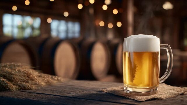 Experience the rustic charm of a brewery with a frothy beer mug, surrounded by natural textures and softly glowing oak barrels.