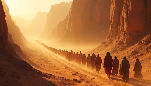 Editorial illustration of people walking through a desert canyon. They are in a line, possibly Israelites following Moses. Dust and sunlight add to the atmosphere of the scene.