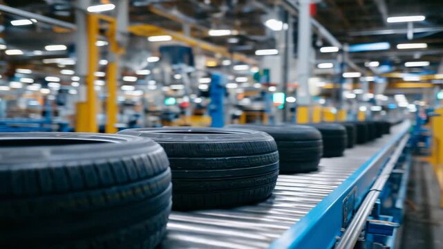 Dynamic close-up of black rubber tires on a conveyor belt, highlighting manufacturing precision under factory lights.