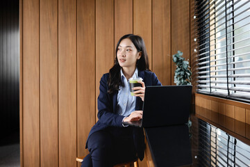 Professional businesswoman using computer for financial analysis in office, office space.