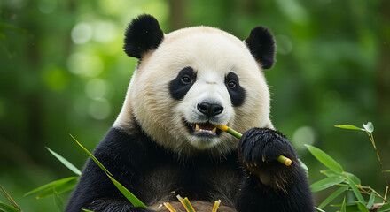 Obraz premium Giant panda bear eating bamboo in the forest, a symbol of china and conservation efforts worldwide