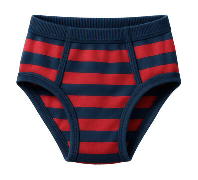 Boys' striped cotton briefs with elastic waist in navy and red.
