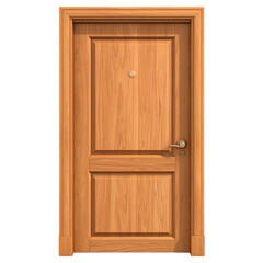 A wooden door with panels, knob, handle, and peephole against a black backdrop
