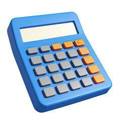 3D render of a blue calculator with orange and gray buttons, blank display