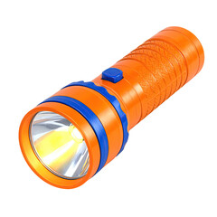 A bright orange flashlight with blue accents, turned on, shining towards the viewer