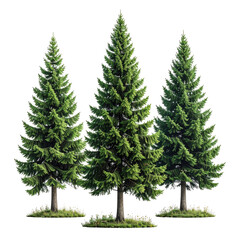 Three tall evergreen trees stand together on a transparent background, green foliage lush